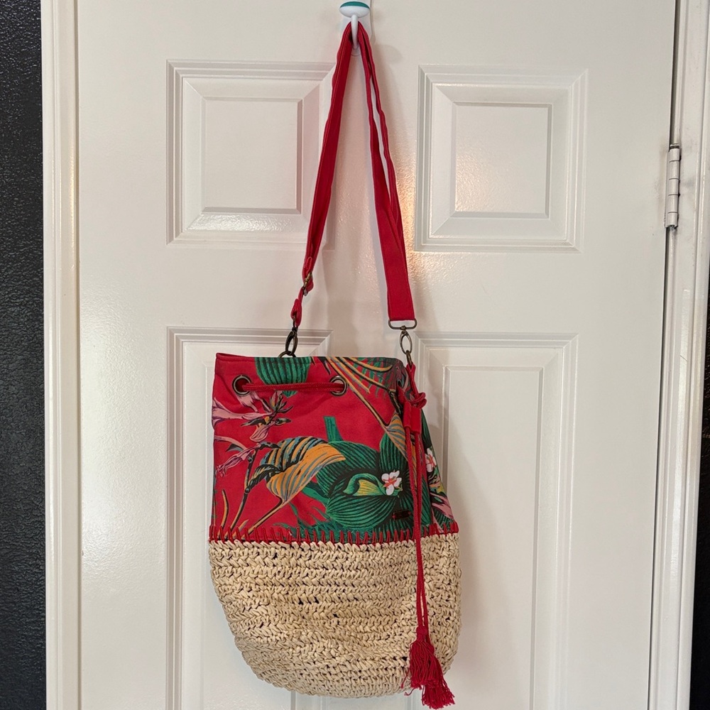 Roxy Red Tan tiki Hawaiian floral hobo festival Tropical Shoulder Bag